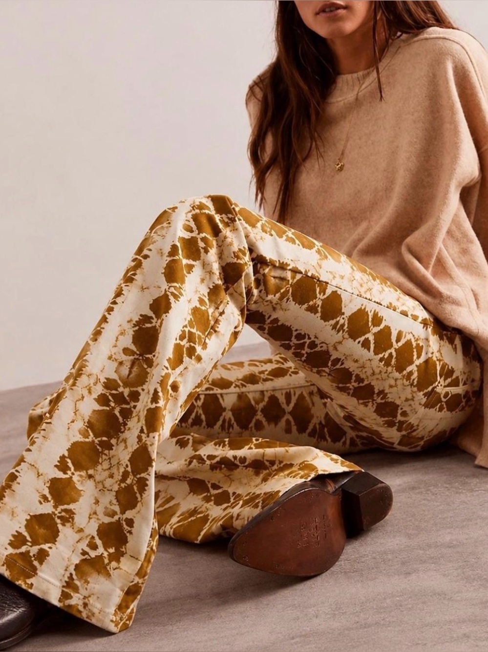 Free People We The Free Penny Pull-On Printed Flare Jeans – Sand Combo – Size 28